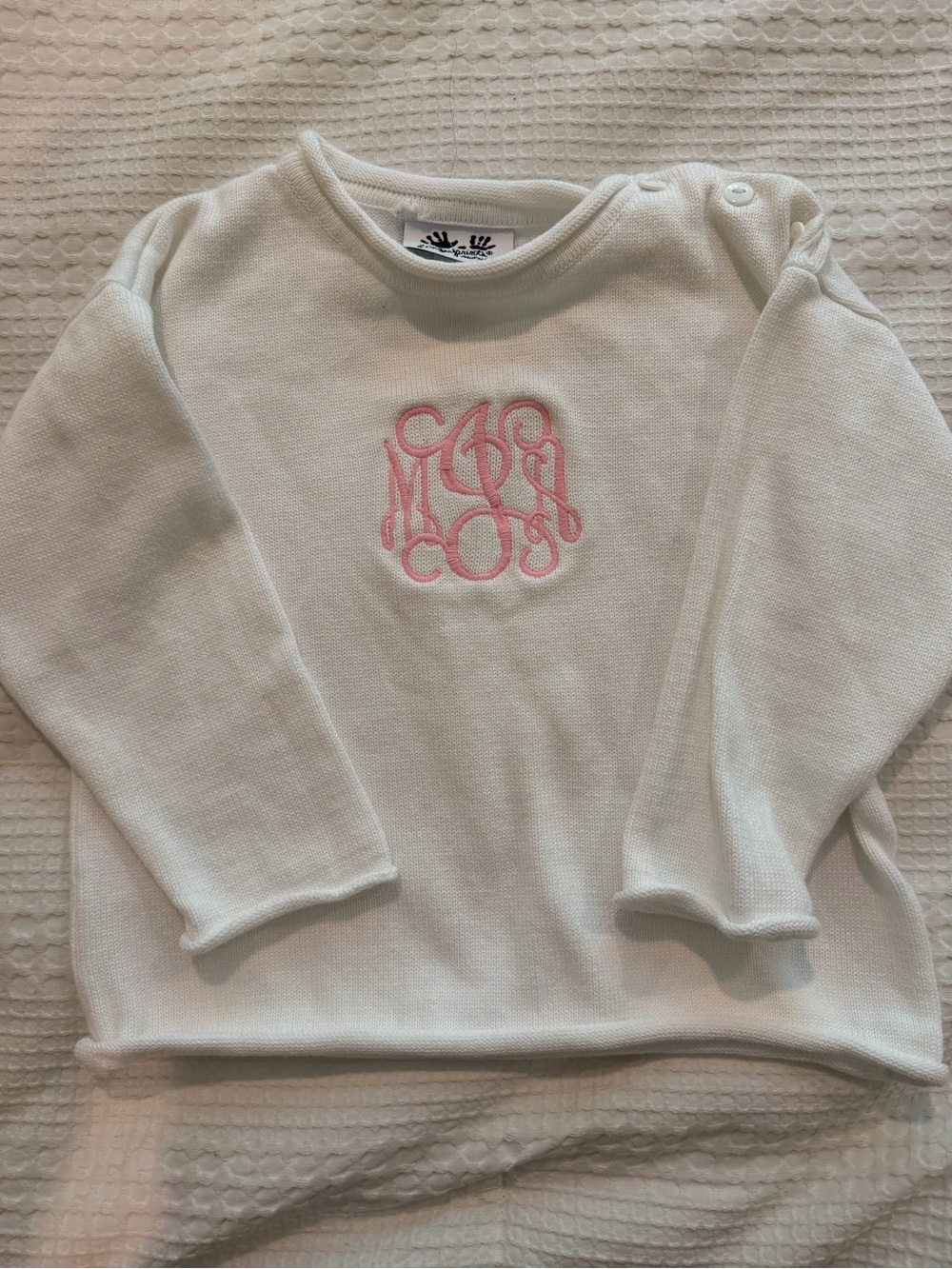 Classic White Kids Long-Sleeve Sweater with Pink Monogram